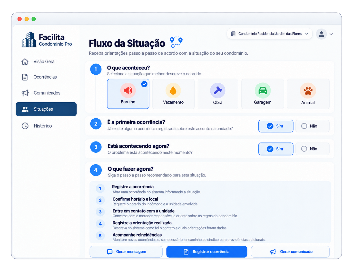 Fluxo da Situação: perguntas simples sobre a ocorrência e sequência recomendada de próximos passos