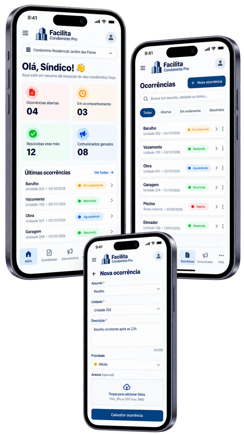 Facilita Condomínio Pro no celular: painel, lista de ocorrências e registro de nova ocorrência