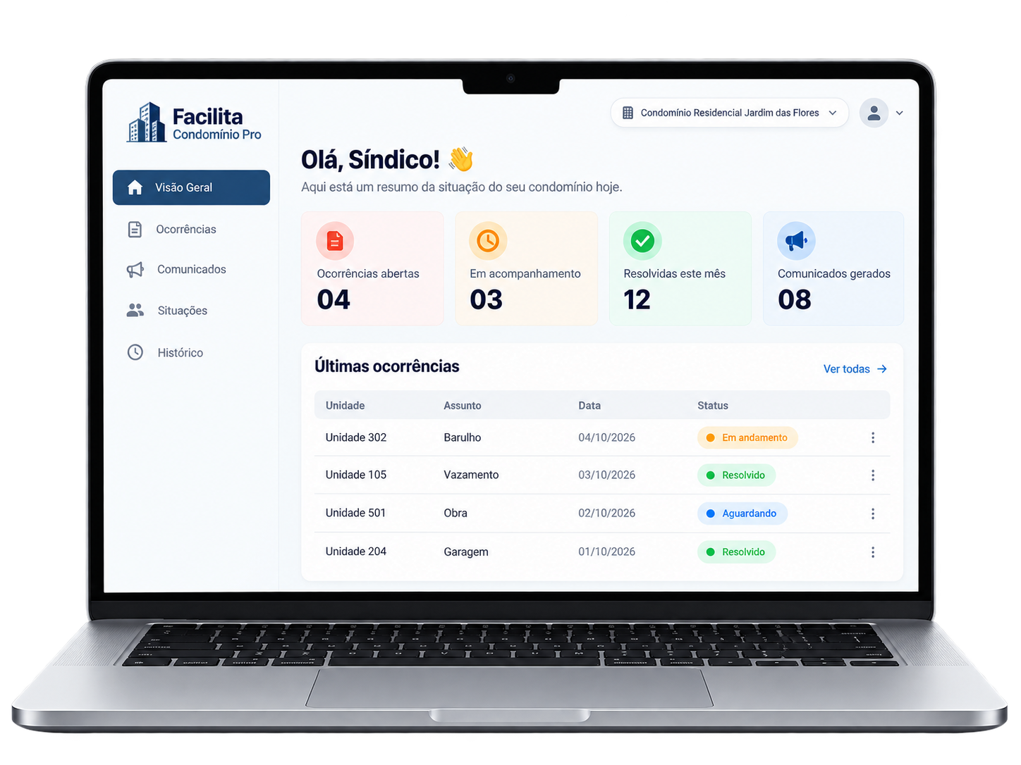 Painel do Facilita Condomínio Pro com ocorrências, comunicados e status de acompanhamento em um notebook