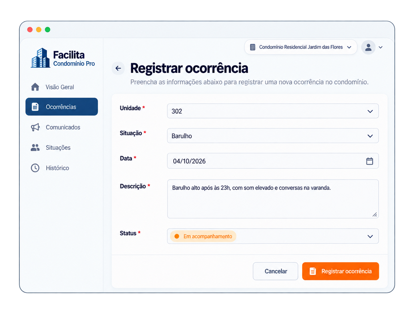 Tela Registrar ocorrência com unidade, situação, data, descrição e status